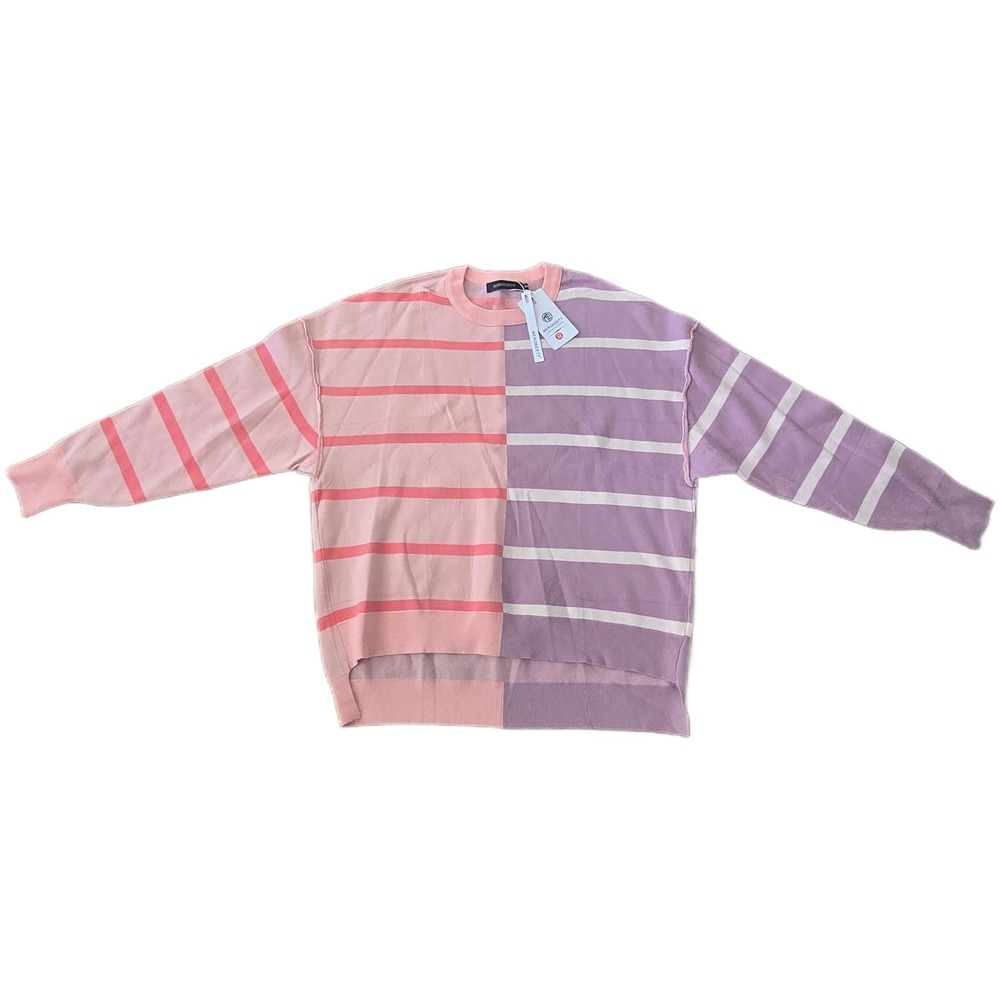 MEROKEETY Colorblock‎ Striped Knit Sweater Women Med Pink Purple Long Sleeve
